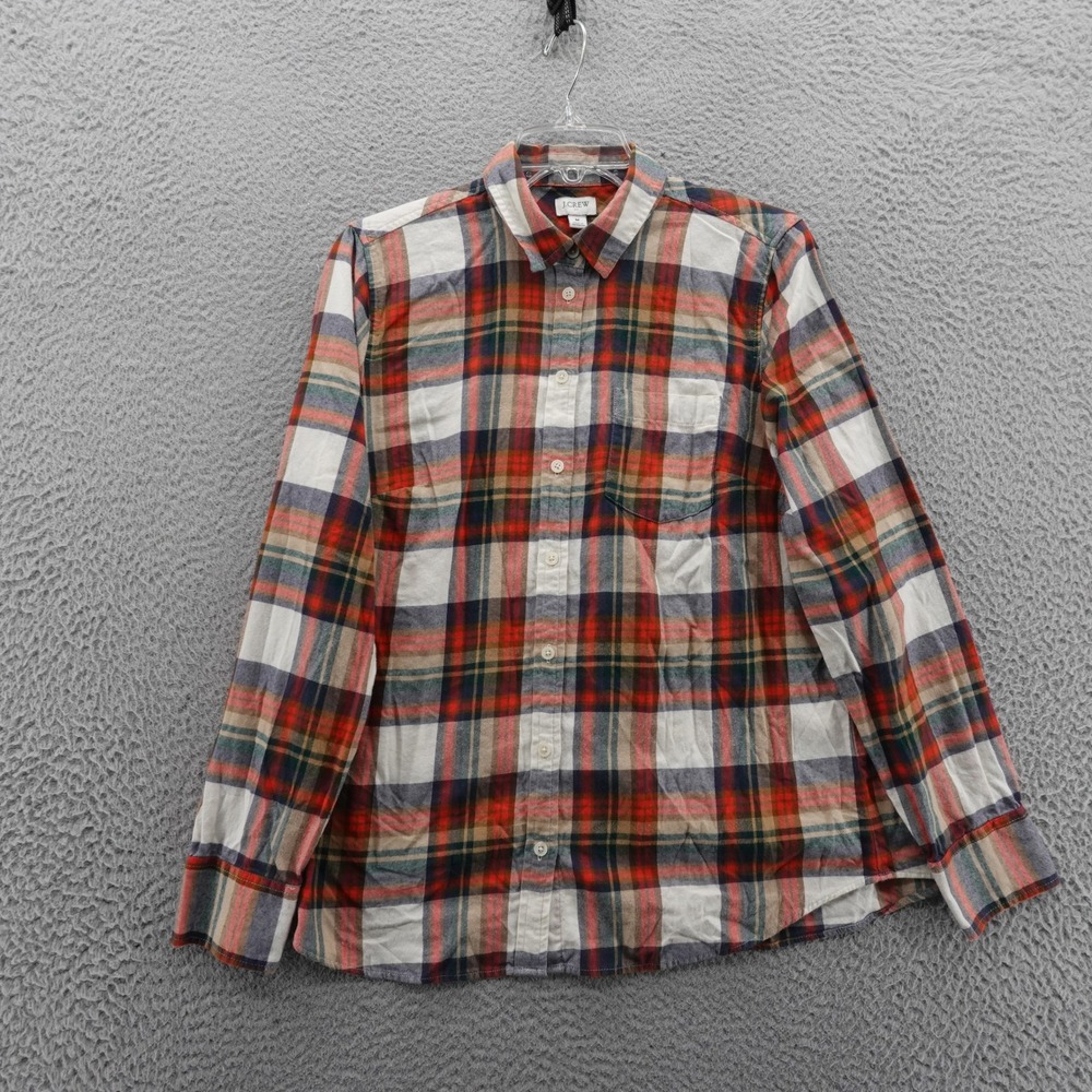 J Crew Flannel Shirt Plaid Button Up Medium Red Navy Beige Mens Casual Cotton